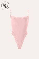 Spaghetti Strap Lace Trim Stretchy Bodysuit in Blush Pink